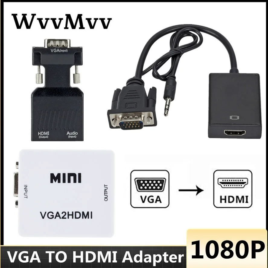 Adaptador convertidor compatible con HD 1080P VGA a HDMI, adaptador VGA para PC, portátil a proyector HDTV, Audio de Video, HDMI a VGA HD