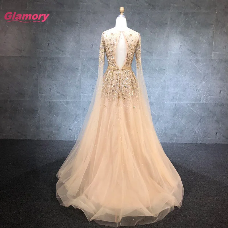 2021 New Arrival Gold Prom Dress Long Sleeves O-neck Luxury Beading Evening Dress