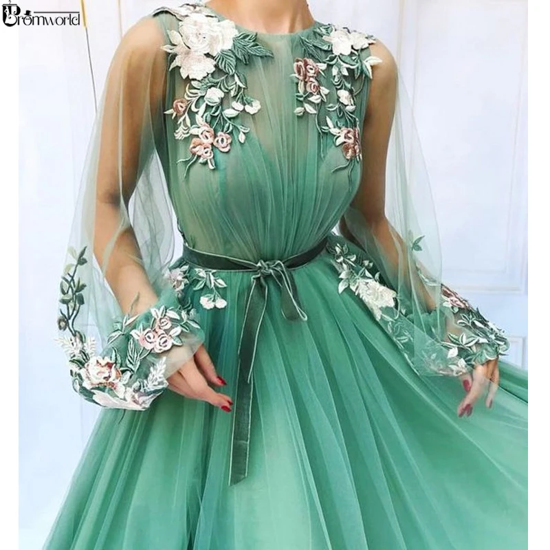 Illusion Lange Mouwen Tulle A-lijn Mint Green Prom Dresses Applique Bloemen Vestidos De Festa Longo Avondjurk