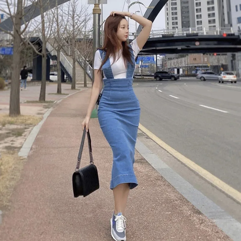 Streetwear Women Suspender Long Skirts Jeans 2024 Summer Sexy Split Casual Slim Denim Strap Jumpsuit Skrits Femme Saia Longas