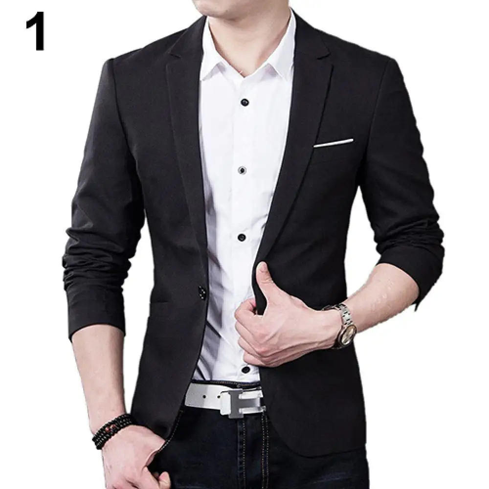 Hot Sale Men\\\'s Solid Color Step Collar Slim Blazer Formal Business Wear One Button Suit