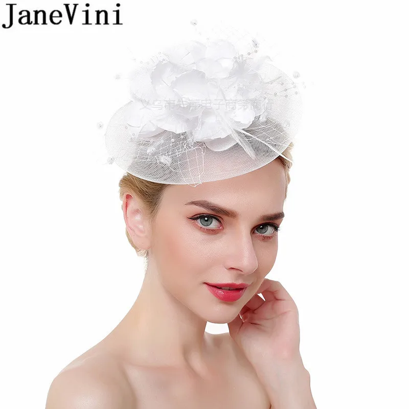 JaneVini 우아한 녹색 신부 모자 Fascinators 깃털 로얄 웨딩 모자 화이트 메쉬 여자 연회 티 파티 머리핀 머리띠