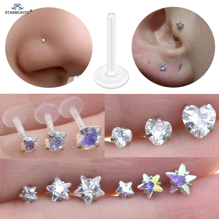 1pc 16G 3/4/5mm Star Heart Round Crystal Ear Piercing Nariz Labret Piercing Lip Nose Stud Earring Falso Tragus Piercing Oreja