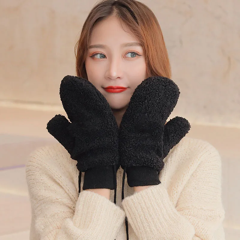 Autumn and winter Teddy cashmere student mittens plus velvet thickened warmth and cold proof plush hanging neck gloves J3