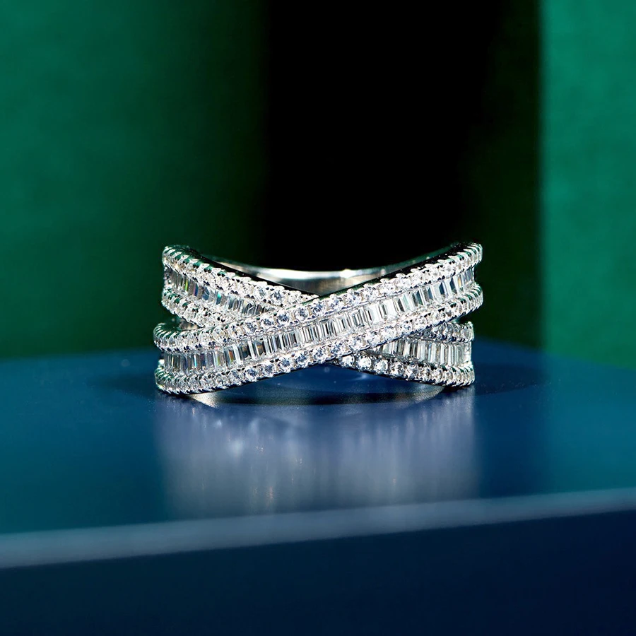 Luomansi Super Flash Full Diamond Double Ring Interlaced Ring S925 Silver Super Flash Ring Wedding Women Fine Jewelry