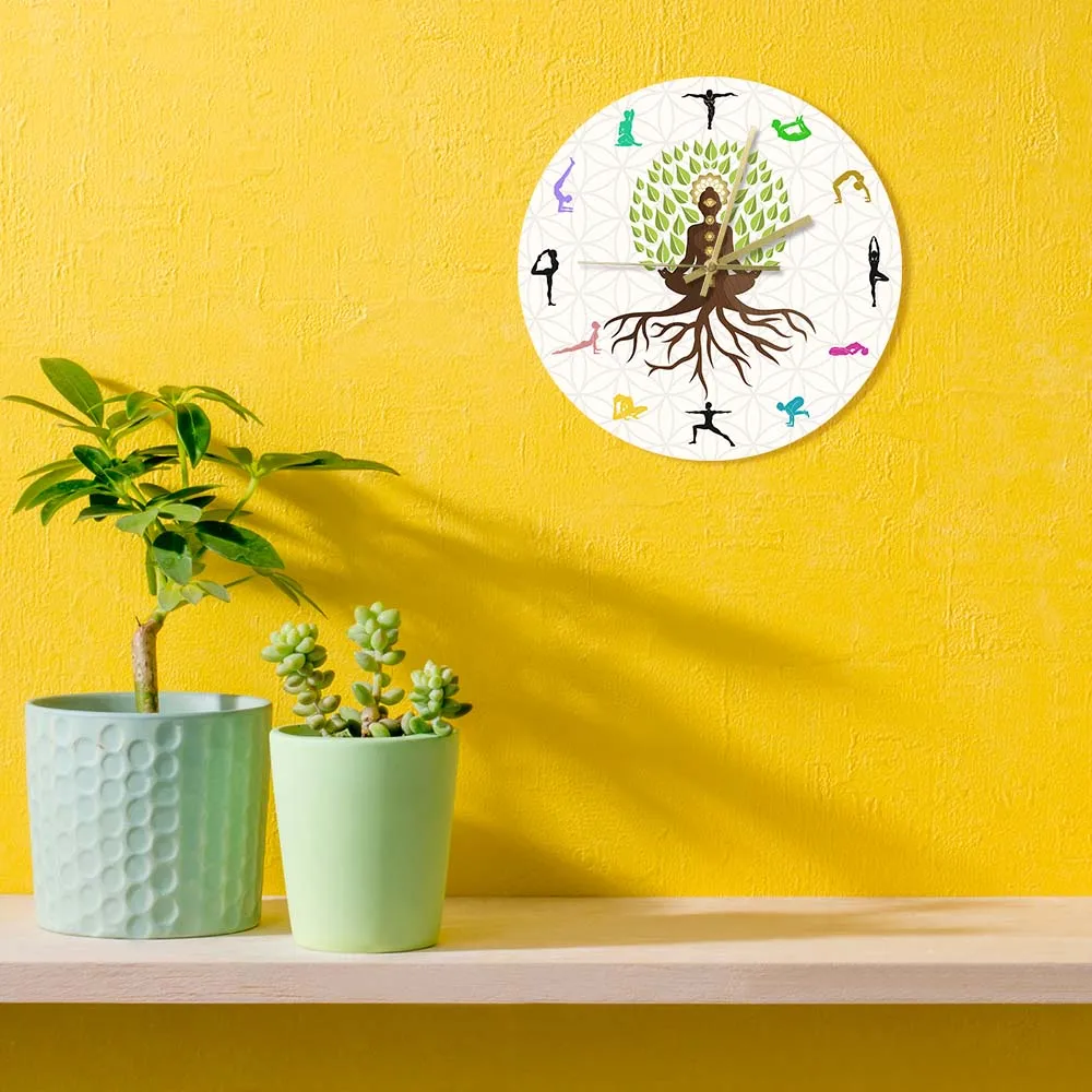 Yoga Studio Tree Of Life Colorful Wall Watch Clock  Natural Energy For Meditation Silent Horloge Klok Lotus Pose Tree Watch