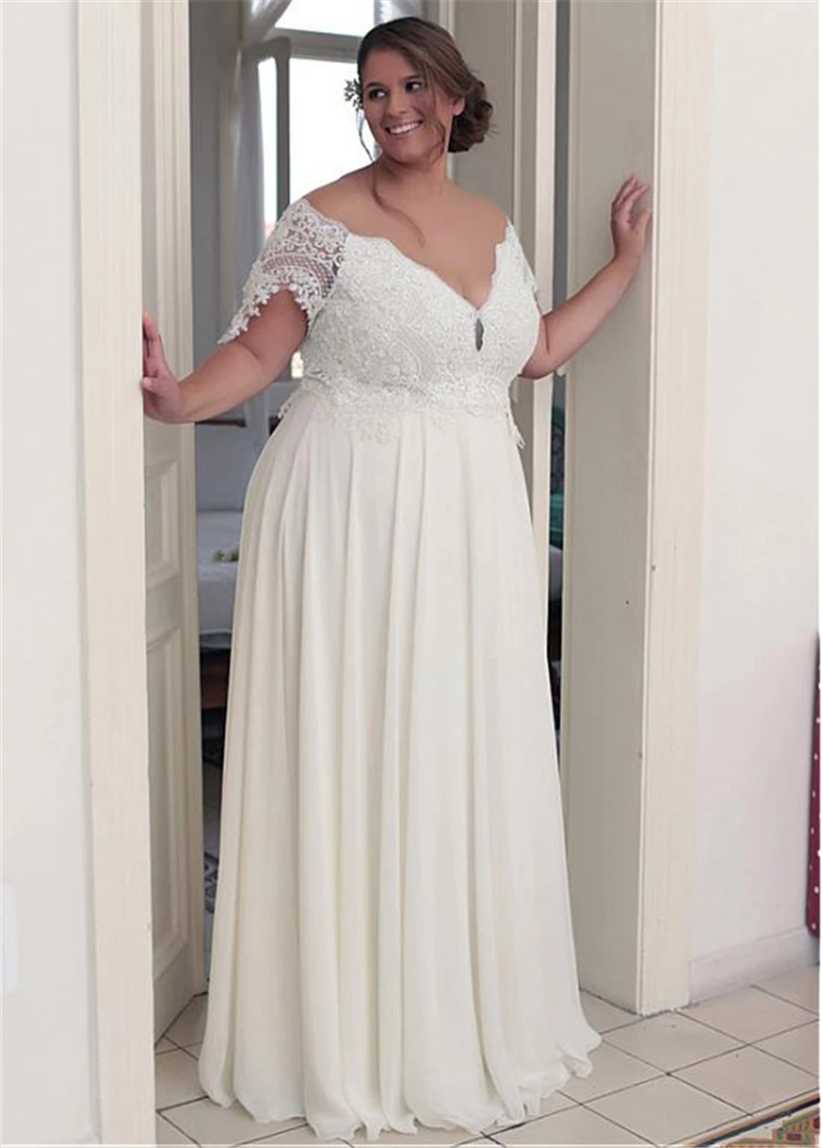 Elegant Plus Size Wedding Dress 2022 Lace Chiffon Off Shoulder Short Sleeves A-line Bridal Gown Robe de Mariage Open Back