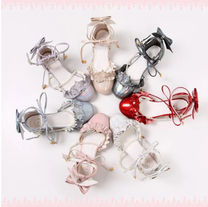 Summer kawaii girl sweet lolita shoes vintage round head thick heel women shoes cute lace ruffle bowknot pearl kawaii sandals