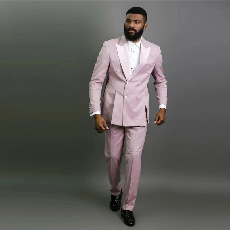 Staubigen Rosa Zweireiher herren Smoking Erreichte Revers Zwei Stücke Slim Fit Hochzeit Blazer und Hosen