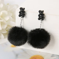 1Pair Cute Pompom Stud Earring Multicolours Resin Candy Bear Charms With Puffer Ball Fashion Woman Jewelry Birthday Gift