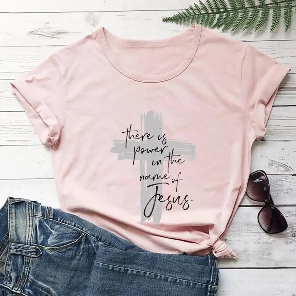 There Is Power In The Name of Jesus 100%Cotton Women Tshirt Christian Shirts Unisex Summer Casual Short Sleeve Top Faith Tee