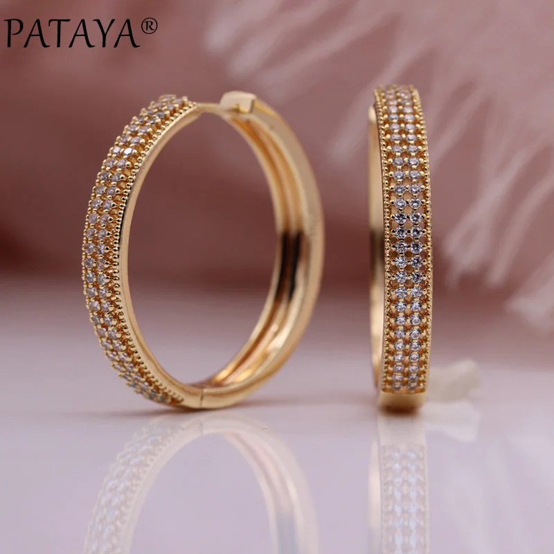 

PATAYA New Round Micro-wax Inlay Drop Earrings Wedding Trendy Fashion Jewelry 585 Rose Gold Color Hollow Big Earrings For Women