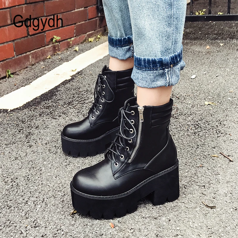 Gdgydh Wholesale Autumn Ankle Boots For Women Motorcycle Boots Chunky Heels Casual Lacing Round Toe Platform Boots Shoes Female