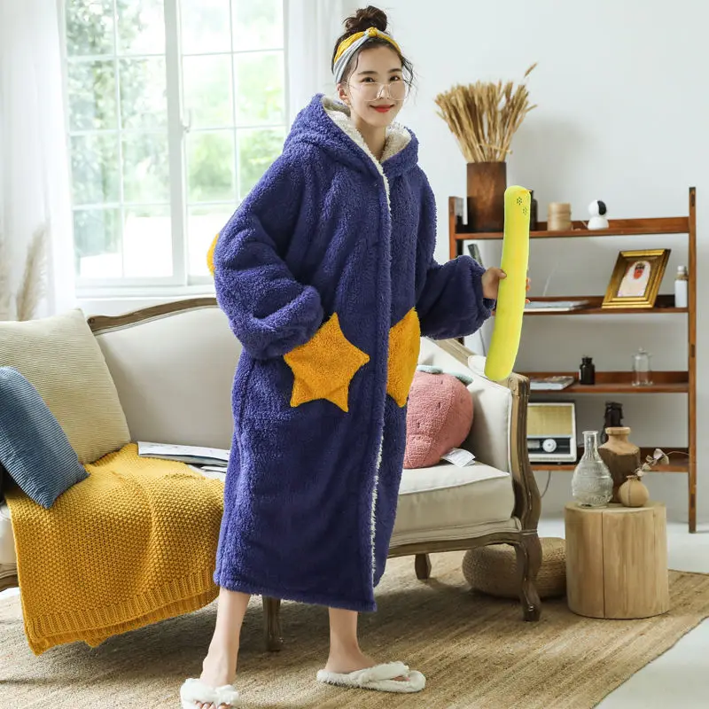 Flannel Women Hooded Kimono Robe Gown Winter Warm Bathrobe With Belt Thicken Sleepwear Star Intimate Lingerie Thicken Nightwear