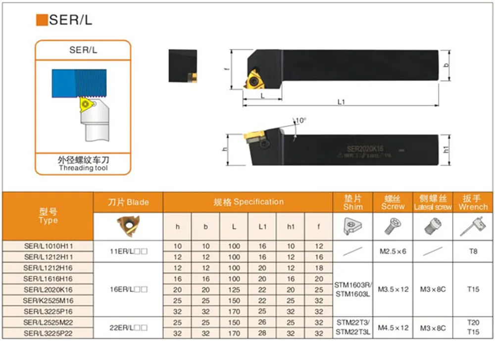 1pcs SER1010H11 SER1212H11 SER1212H16 SER2020K16 CNC Lathe Machine Cutter External Thread Turning Holder