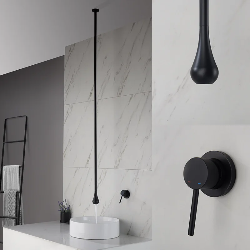 Matte Black Brass Modern Bathroom Basin Faucet ceiling Top Faucet Water Drop Style Bathroom Mixer Hot and Cold Ceiling Water Tap