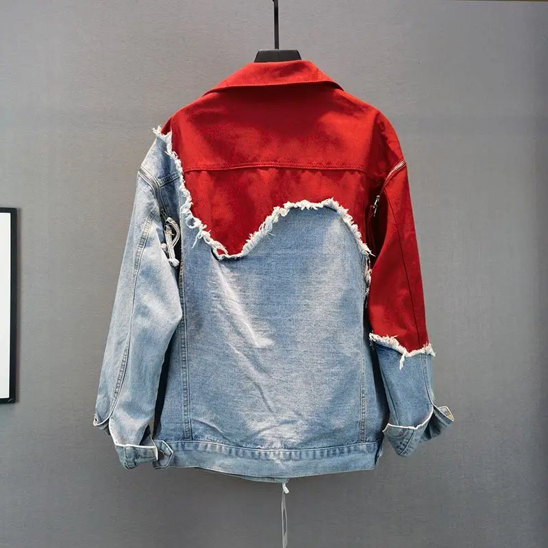 Women Frayed Burrs Patchwork Hit Color Denim Jacket Loose Casual Streetwear Long Sleeve Jean Jacket Casual Spring Autumn 2024