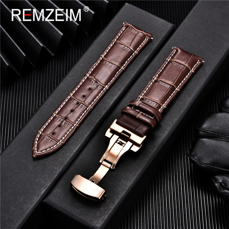 REMZEIM Leather Watchband Strap 18/20/22/24MM Calfskin Watch Band Stainless Steel Buckle Watch Accessories Black Brown