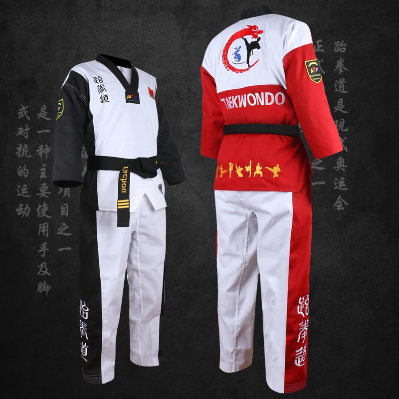 

High Quality Black Red Taekwondo Uniform Training Taekwondo Suits Embroidery Uniforms Poomsae Dobok WTF Approved Size 160-190cm