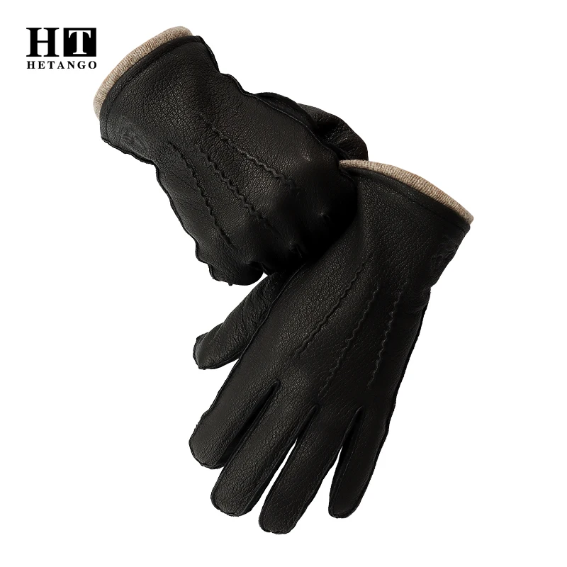 New men\'s winter gloves deerskin warm soft external suture outdoor black wave pattern high quality cold gloves wool lining