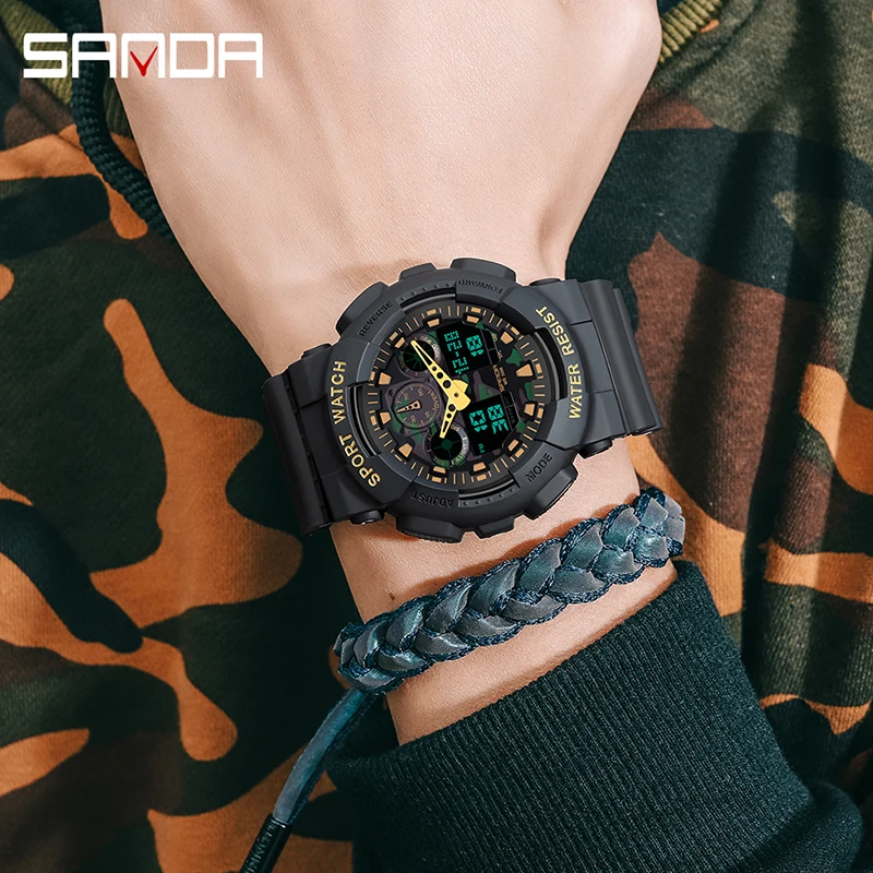 SANDA Sport Watch Dual Time Men Watches 50m Waterproof Male Clock Military Watches for Men Shock Resisitant Sport Watches Gifts