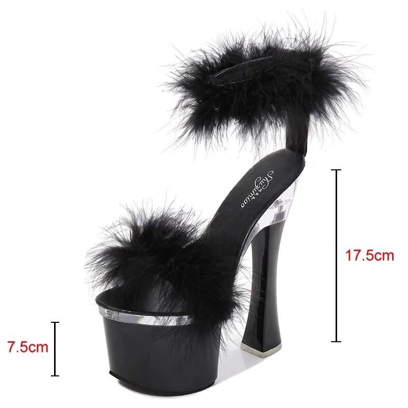 2021 New 4 Color Feather Thick High Heels Platform Sandals Women 14cm 17cm Heels Shoes Female Summer Hair Wedding Pumps Shoes