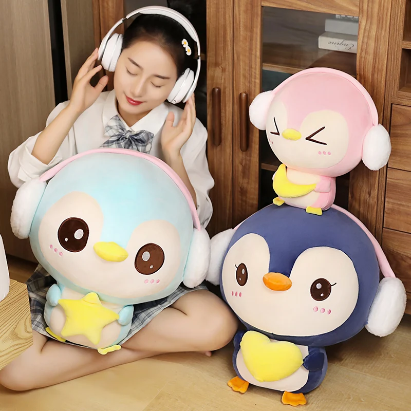 20/38/55CM Lovely Plush Toys Stuffed Animal Kawai Penguin With Headset Dolls Pillow Christmas Gift