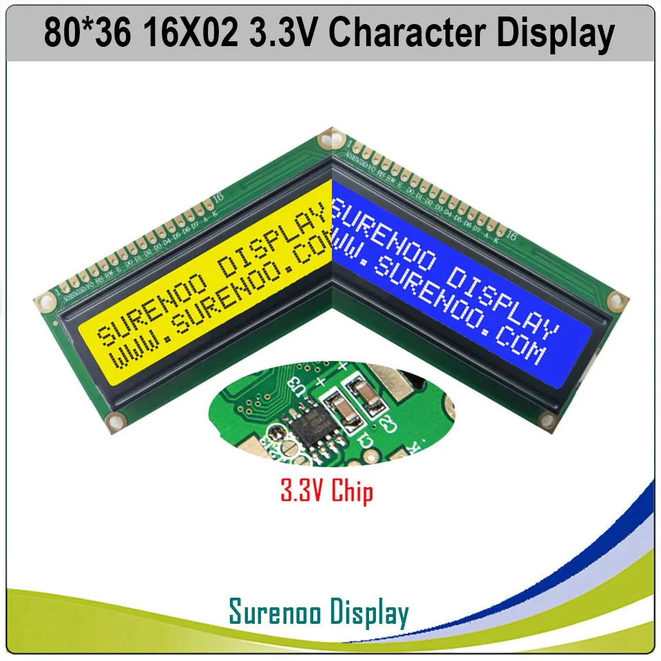Surenoo 3.3V 162 16X2 1602 Character LCD Module Display Screen LCM Blue Negative LCD with White LED Backlight