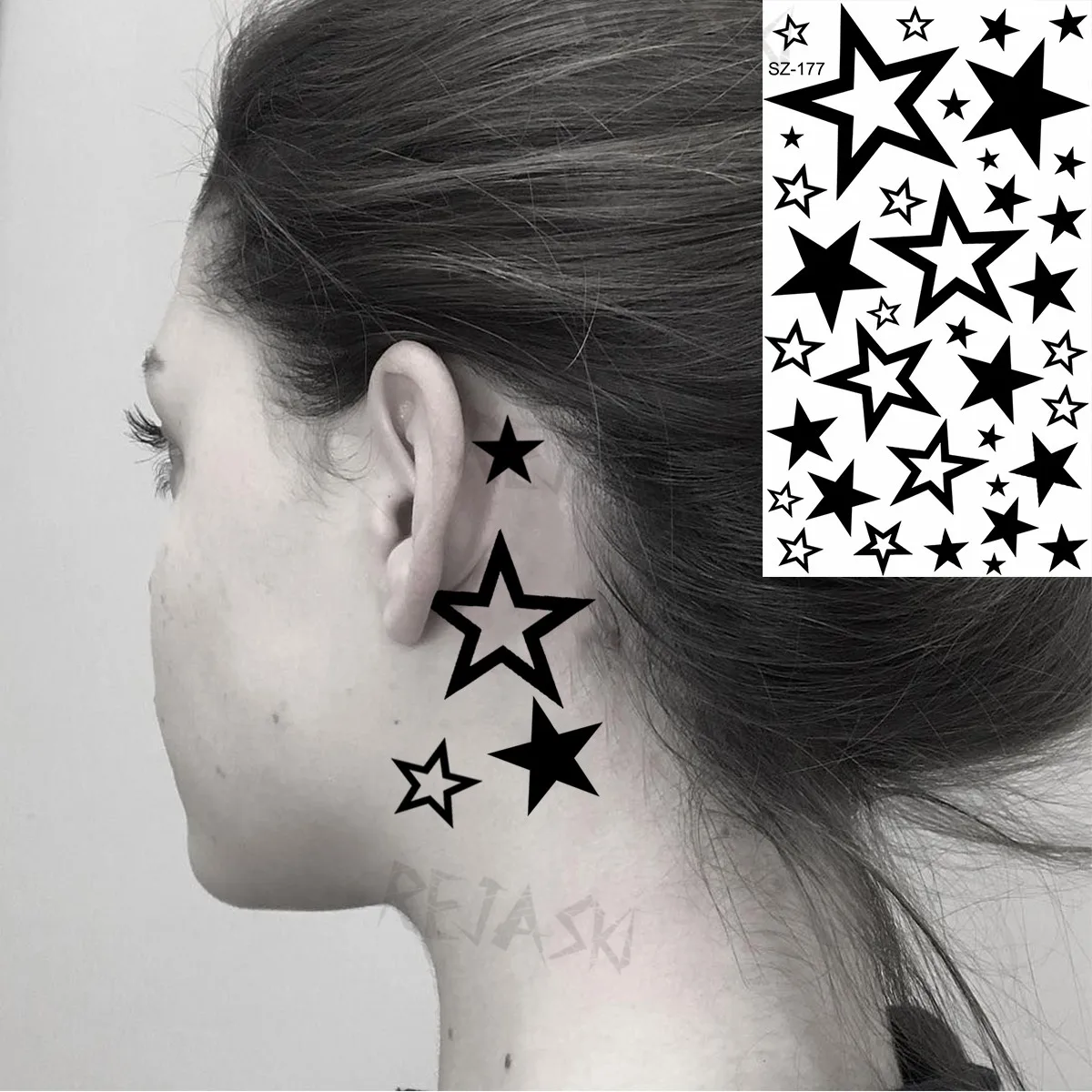 Black Planet Universe Ears Temporary Tattoos For Women Girl Geometry Stars Mountain Sea Fake Tattoo Fashion Water Transfer Tatoo