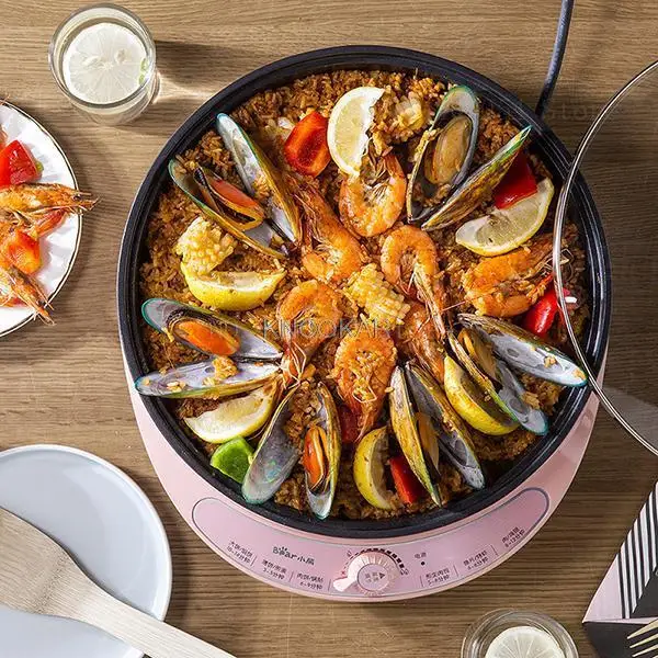 27Cm Makers Multifunctionele Elektrische Bakpan Keuken Koken Gereedschap Glas Deksel Enkele Bakplaat 3Cm Hoge 1000W roze