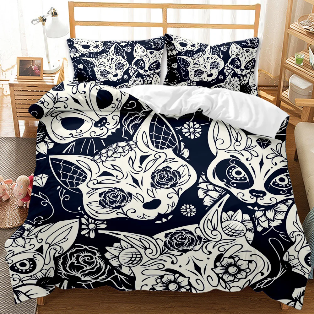 

Black and White Bedding Set King Size Fox Cold Art Flower Duvet Cover Double Bed Quilts Bedclothes Fox Animal Home Textiles