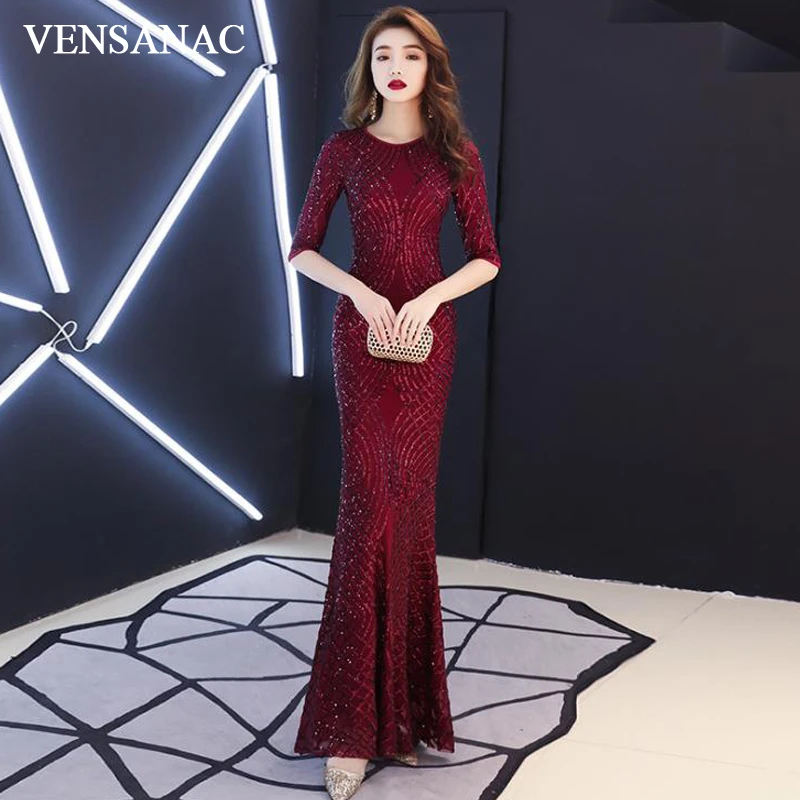 

VENSANAC Elegant O Neck Sequined Mermaid Long Evening Dresses Party Half Sleeve Bodycon Prom Gowns