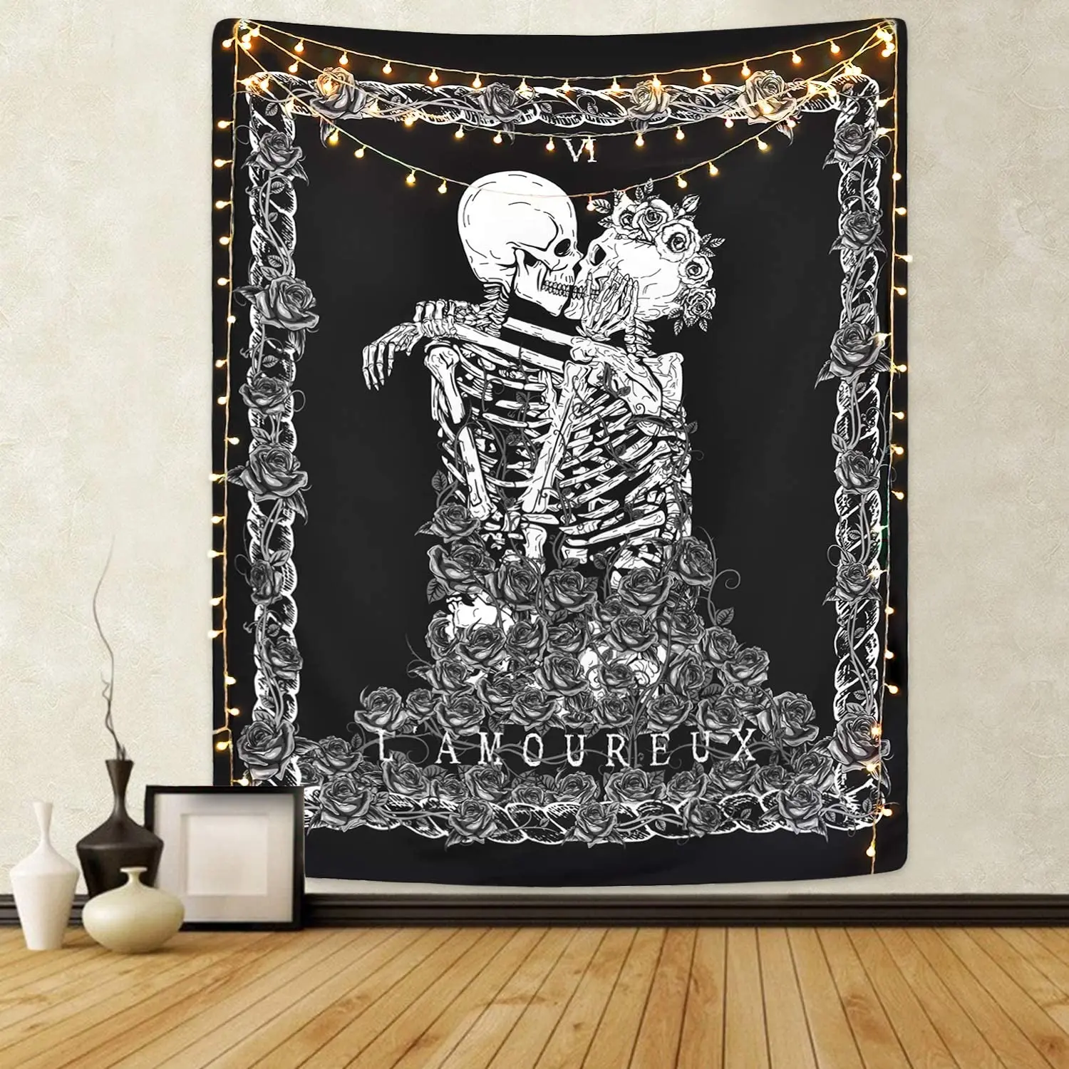 

Skull Tapestry The Kissing Lovers Tapestry Black Tarot Tapestry Human Skeleton Tapestry for Room