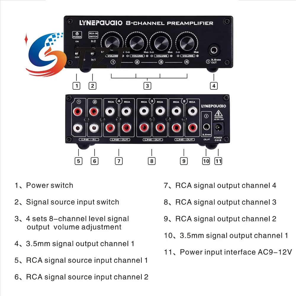 TZT 8-Channel Preamp Audio Distributor Amplifier Two Input & Eight Output RCA 3.5MM Ports B981