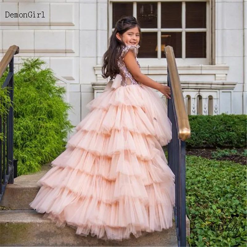 Blush Puffy Flower Girl Dress for Wedding Gold Sequined Sleeves Ruffled Layered Tulle Princess Birthday Party Pageant Gowns