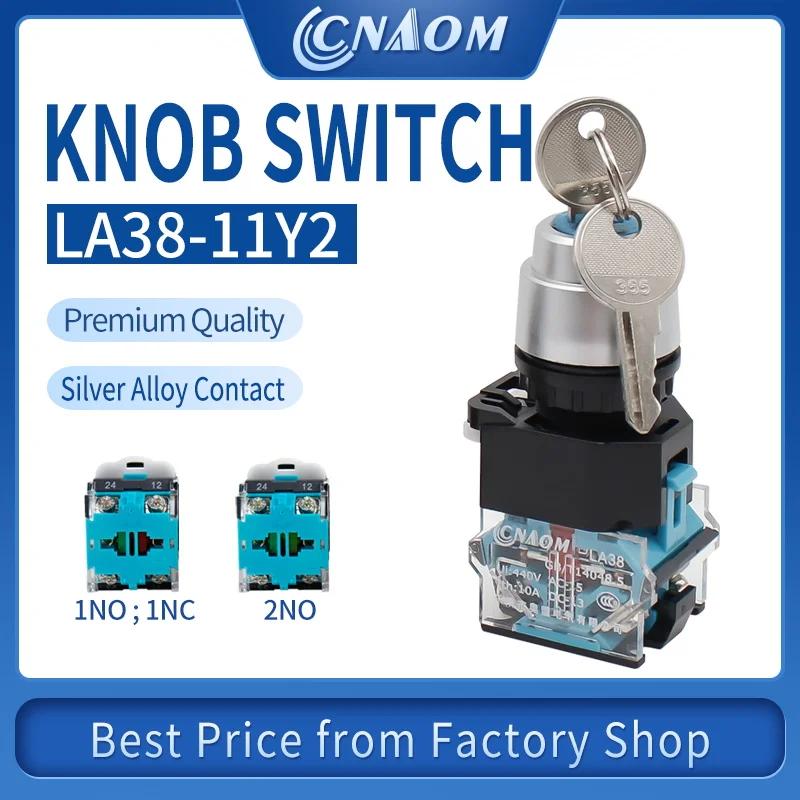 22M Key Switch Rotary  Knob Switch Industrial Machine Key Switch 2 3 Position Self-locking Latching Black LA38-11Y2