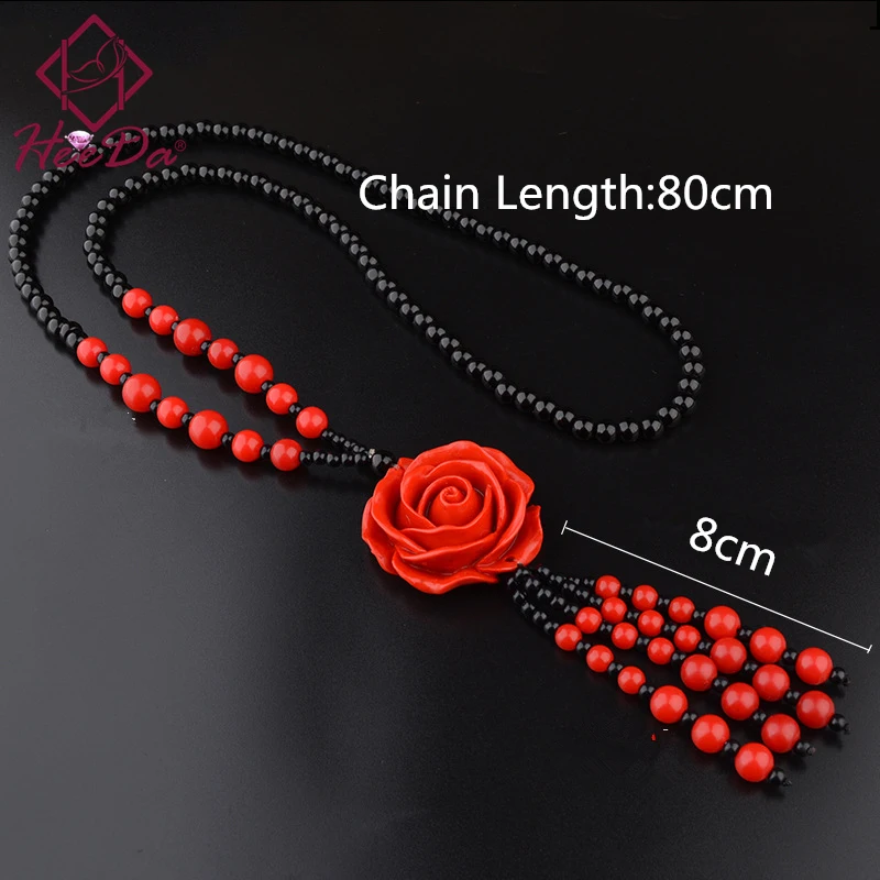 Lady Ethnic Graceful Long Beads Necklace Women Vintage Joker Red Tassel Sweater Chain Lady Elegant Flower Jewelry Accessories