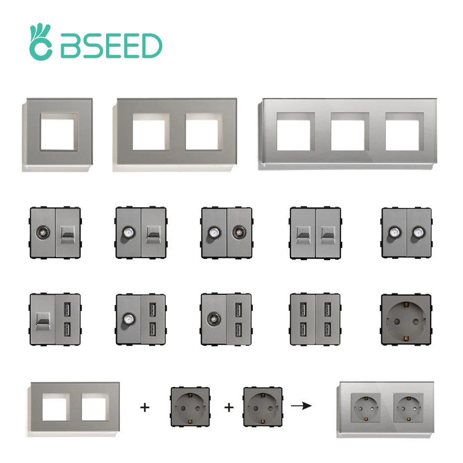 BSEED Wall Switch Panel Part Dual USB Socket TV Internet RJ45 Satellite Function Parts EU Socket DIY Part Only Free Combination