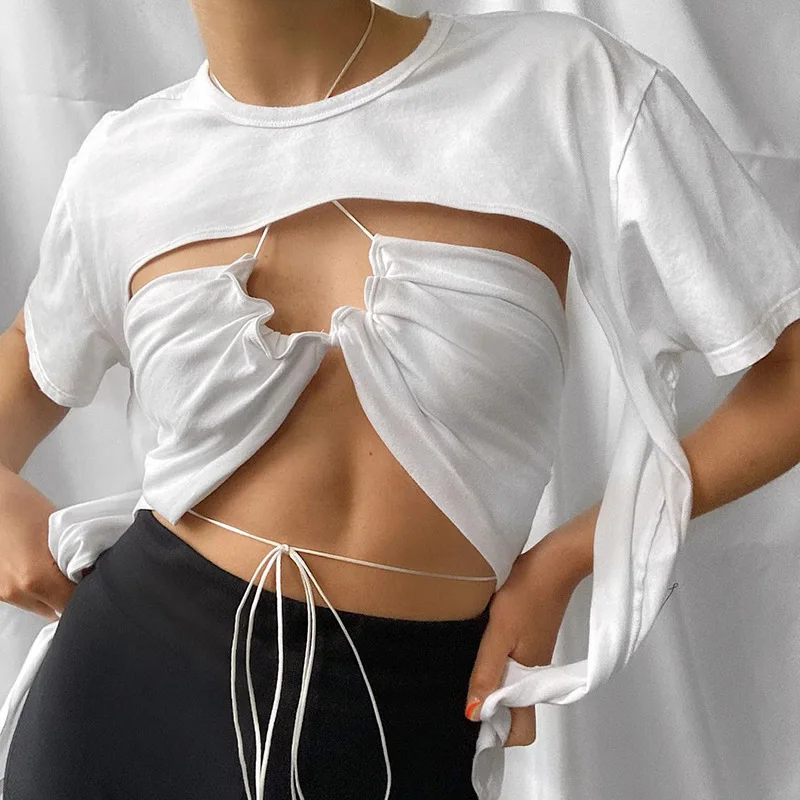 

2021 Casual Women Shirt Solid Color Crop Top Bandage Short Sleeve Female Streetwear Summer Outfit For Women Shirt Blouse
