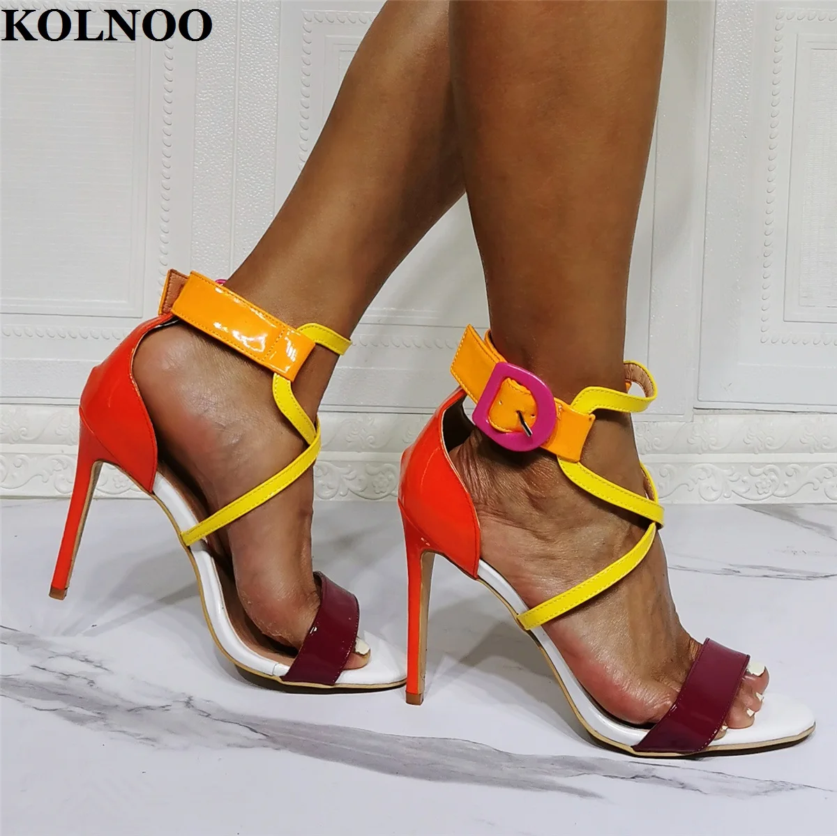 

Kolnoo New Arrival Ladies Handmade High Heels Sandals Muliticolored Patchwork Summer Party Prom Large Size Fashion Daily Shoes