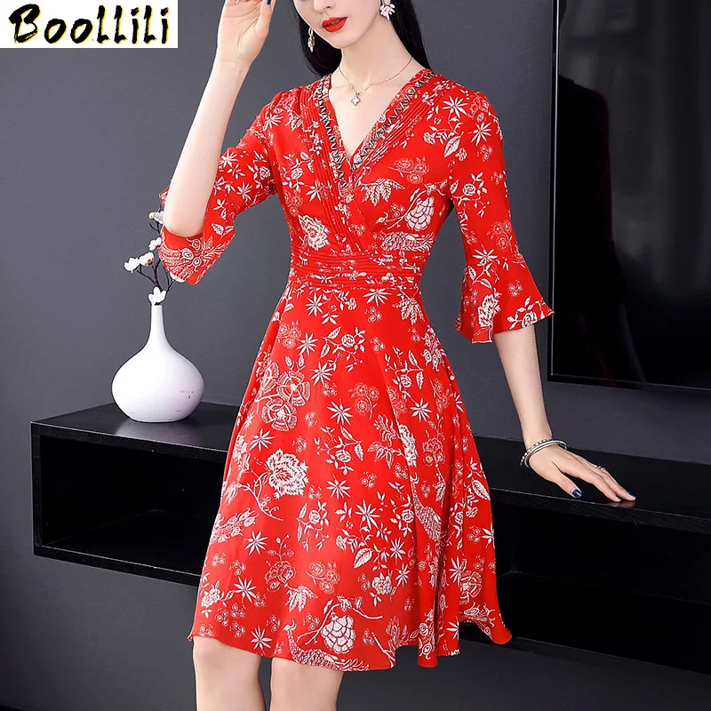 2023 sommer Kleid Silk Chiffon Boho Roten Kleid für Frauen Vintage Korean Floral Mini Kleid Elegante Damen Kleider Vestidos