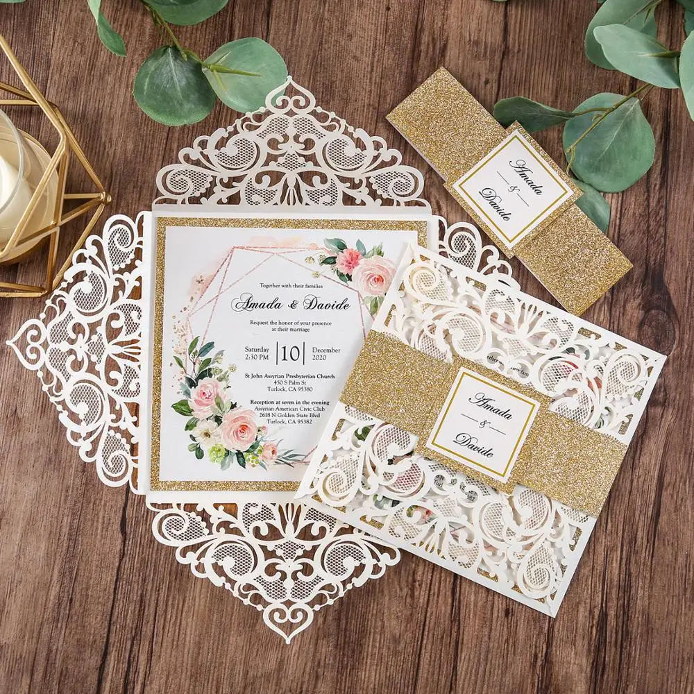 

50 pcs White Color Square Glitter Laser Cut Wedding Invitation with Envelope Party University Invitation Card