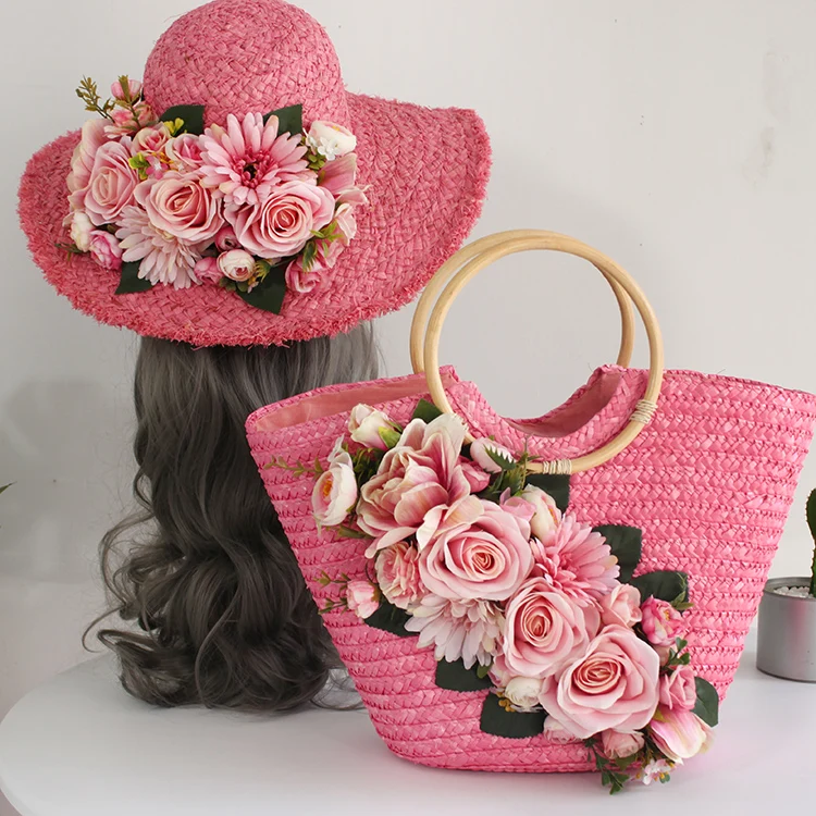 Bohemia Style Holiday Casual Women Summer Beach Rattan Handbag Colorful Artificial Flower Weave Straw Tote Handbag and Hat Suit