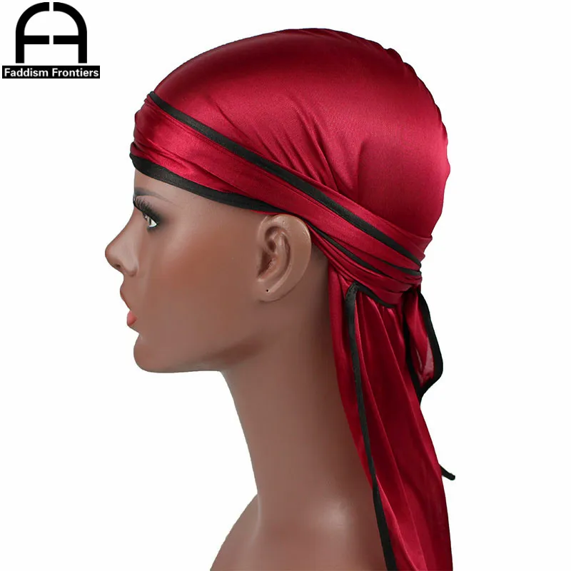 Unisex Männer Seidige Durag Schwarz Nähen Seide Durags Bandanas Für Männer Long Tail Doo Du Rag Wave Cap – Detail 2
