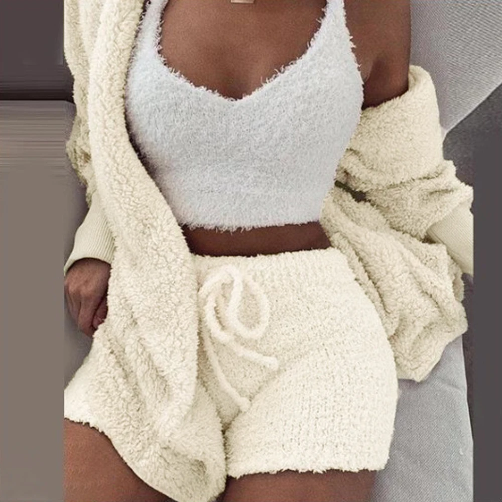 3PCS Pajama Set Women Winter Plus Size Fluffy Suit Coral Velvet Plush Robe Set Sleeveless Sweater Lounge Pijama Mujer Sleepwear