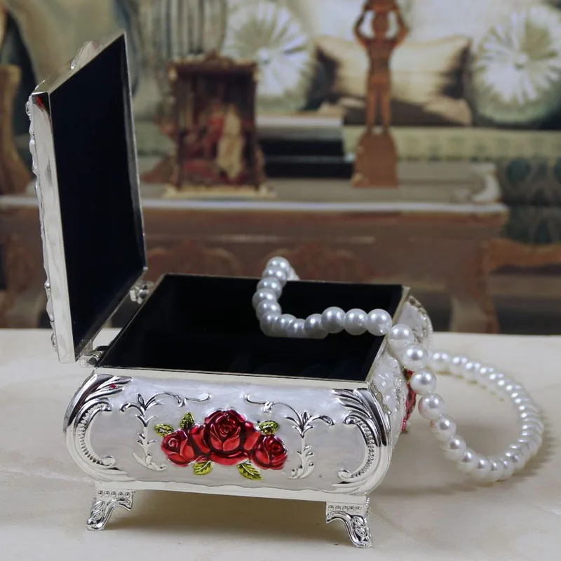 2023 Vintage Enameled Rectangular Decorative Collectible Jewelry Trinket Box for Women White with Red Rose Flower