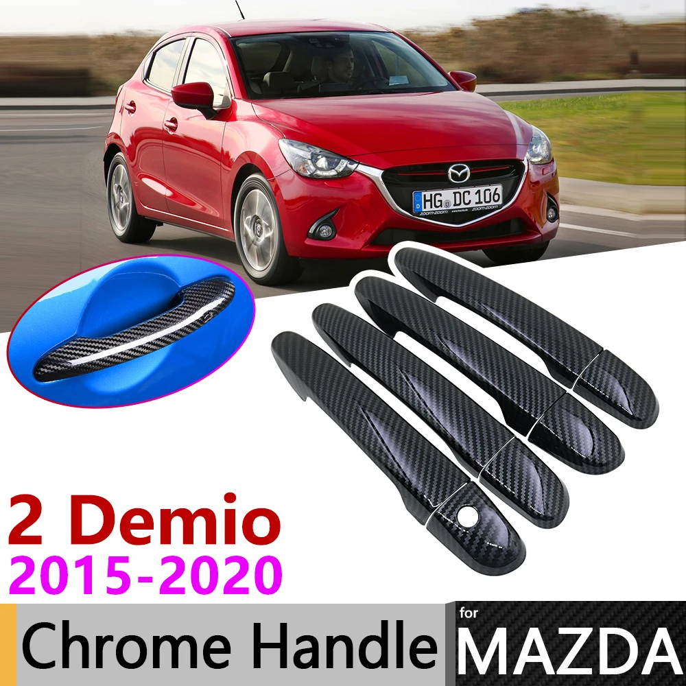 Black Carbon Fiber Door Handle Cover for Mazda 2 Demio DJ 2015~2020 2016 2017 2018 2019 Car Accessories Stickers Trim Set Chrome