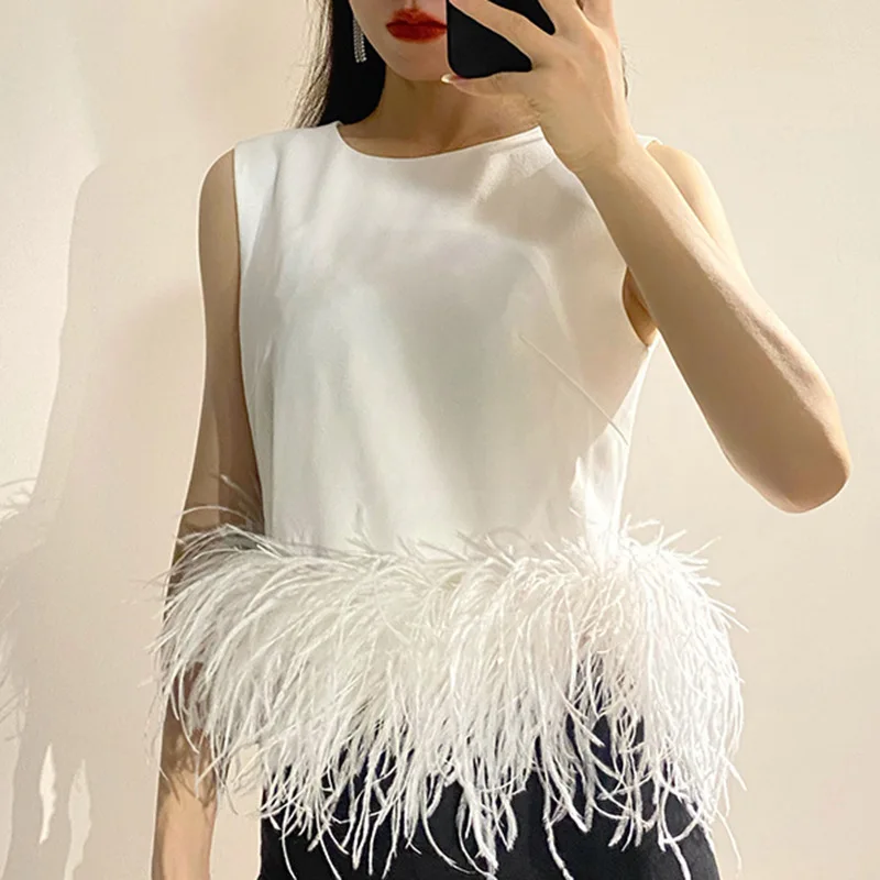 NHKDSASA Fashion Shirt Top Women Black Patchwork Feathers Korean Round Neck Sleeveless Slim Tops Female 2022 Summer Clothing