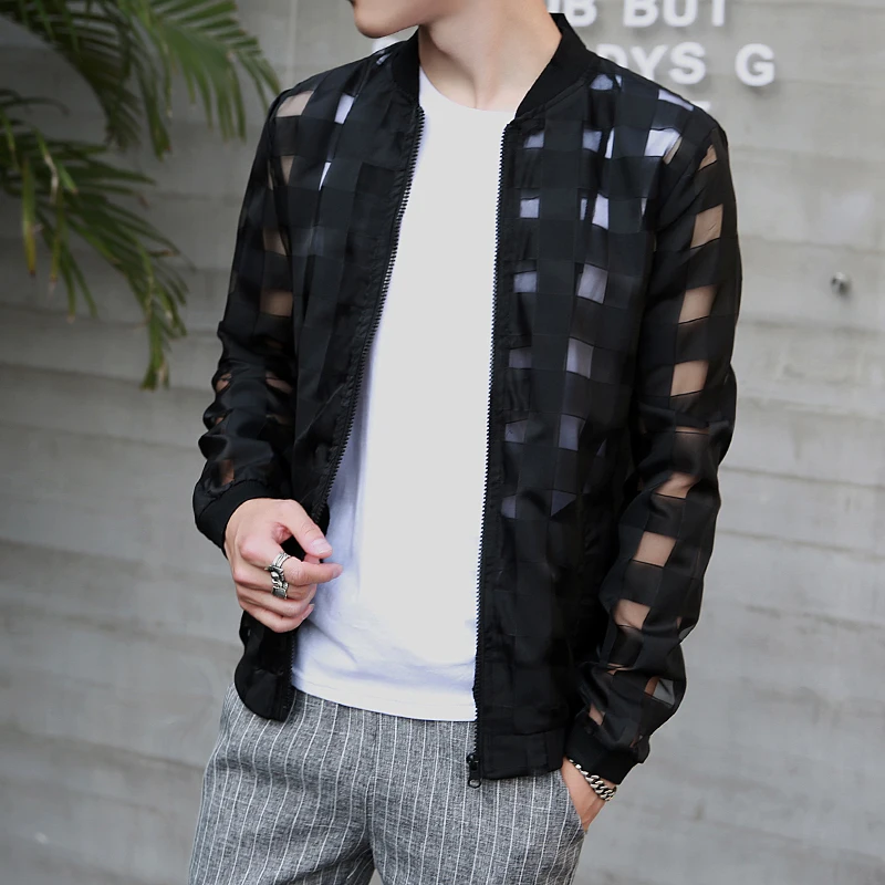 

Pierced Transparent Bomber Jacket Men 2020 Sun Protection Clothing Windbreaker Summer Thin Plaid Jackets