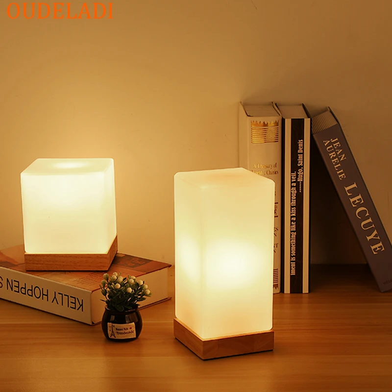 Modern bedroom table lamp solid wood glass night light warm E27 living room desk bedside lamp creative simplicity